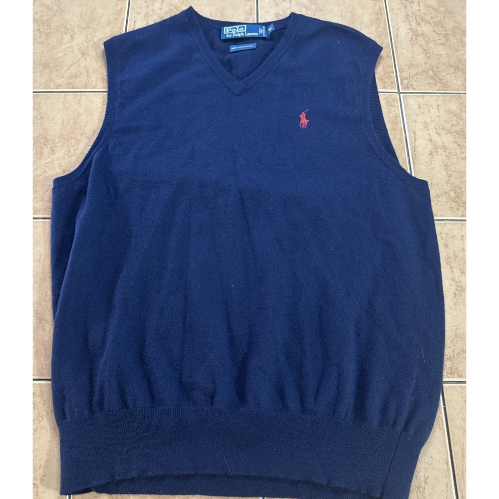 VTG‎ Polo Ralph Lauren Sweater Vest Mens Sz Medium Navy Blue Merino Wool Golf